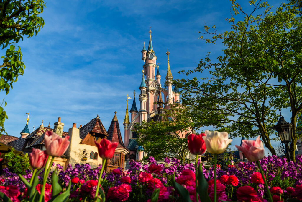 Photo looking through flowers at the pink castle in Disneyland Paris, one of the best things to do in Paris with kids.