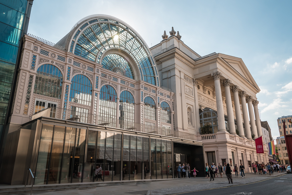 Exterior of the elegant Royal Opera House where the Royal Ballet performs.