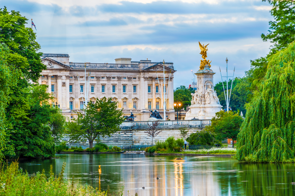 Evening view across the lake in St. James's Park to Buckingham Palace.