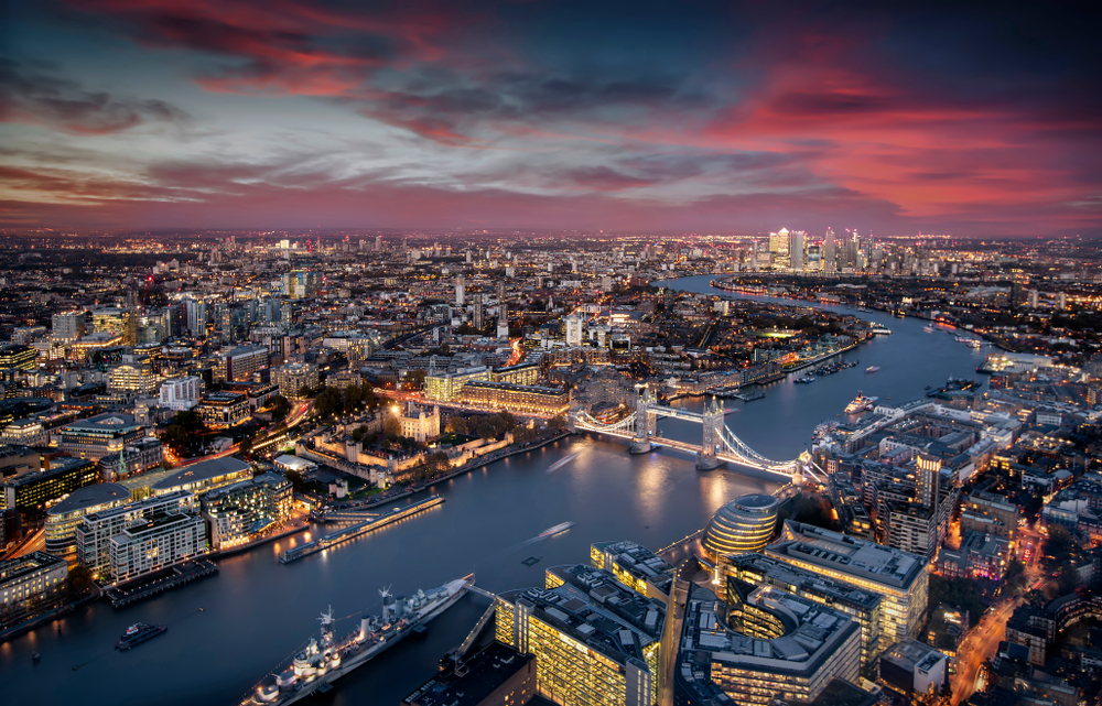 Sunset view of London featuring the Tower Bridge as seen from the Shard.