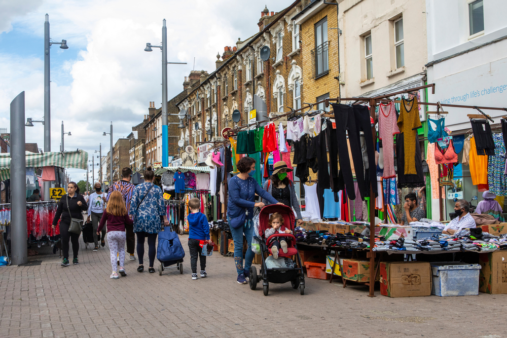  view of Walthamstow Market on the High Street in Walthamstow, London, UK. It is the longest outdoor market in Europe.