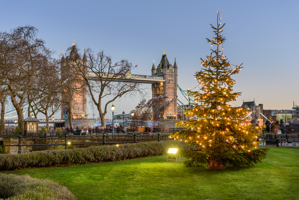 Tower Bridge at Christmas with a Christmas Tree in teh foreground. 