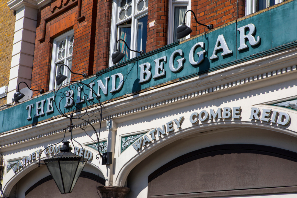 The sign of The Blind Beggar public house on Whitechapel Road in London, on 19th April 2018. Its known to be the location of the murder of George Cornell by Ronnie Kray.