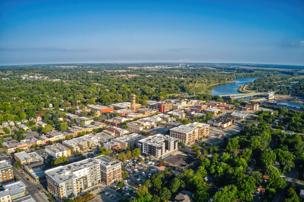 Aerial view of downtown Lawrence, Kansas and the river.