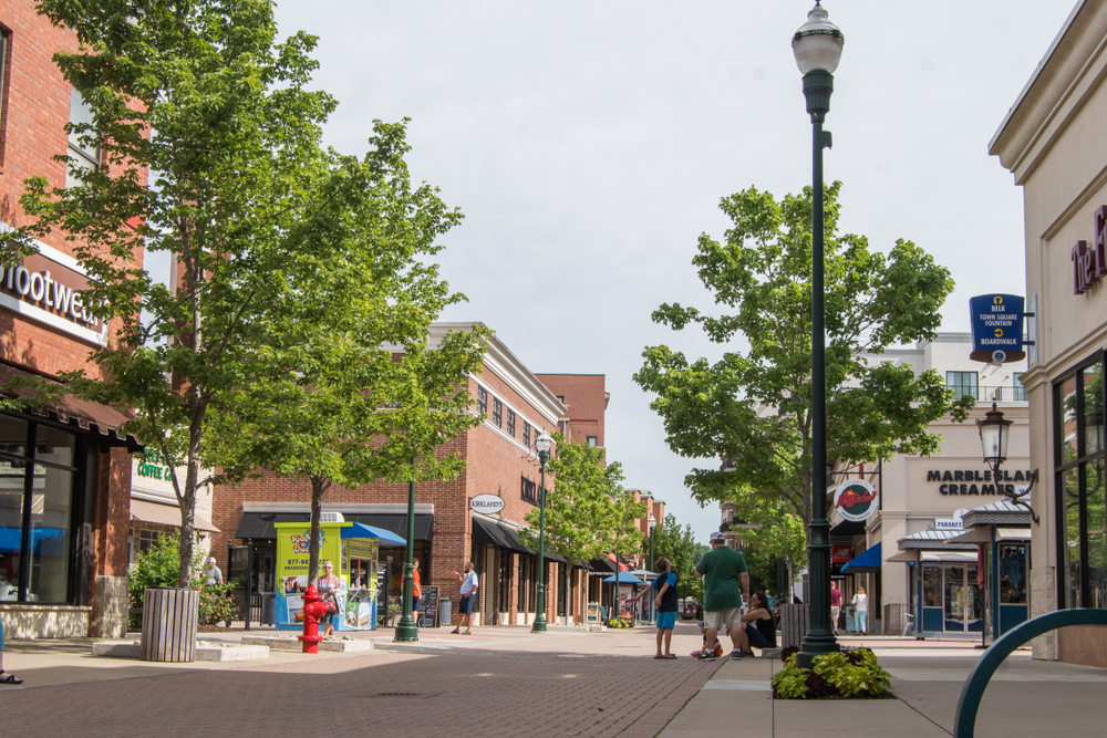 Downtown Branson with shops and people walking during a Midwest weekend getaway.