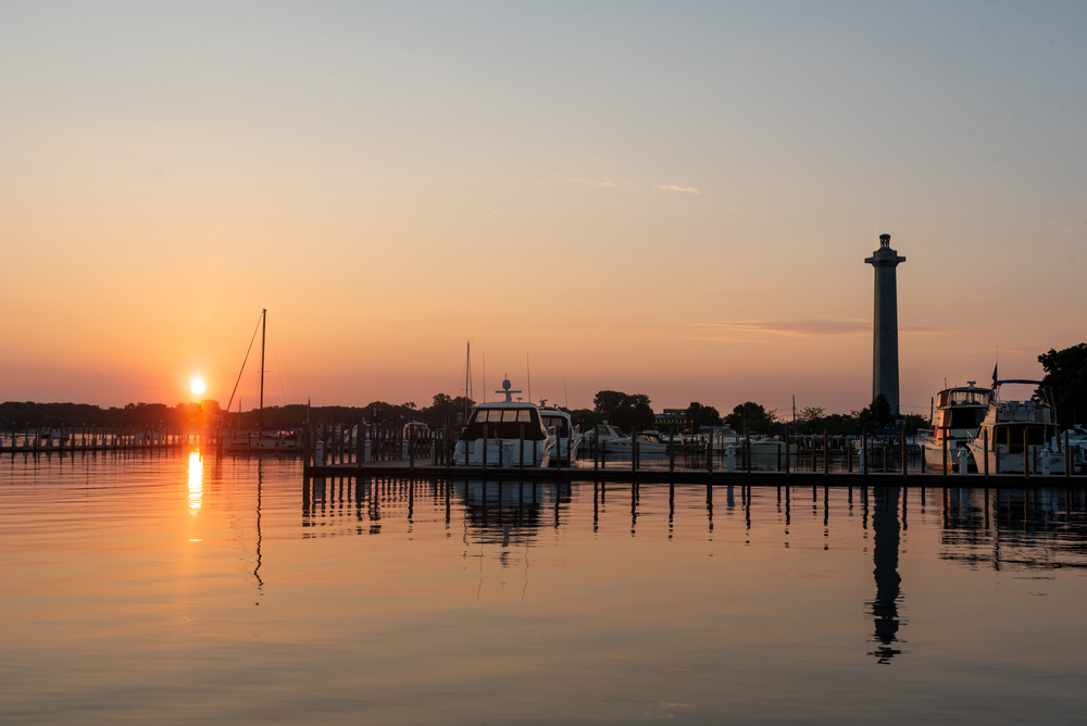 Pink sunset over the harbor of Put-In-Bay, Ohio.