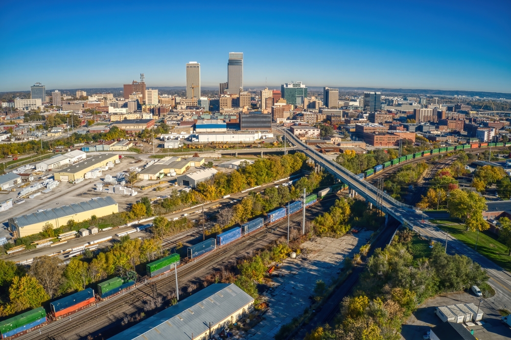 Aerial view of downtown Omaha and a train going by.