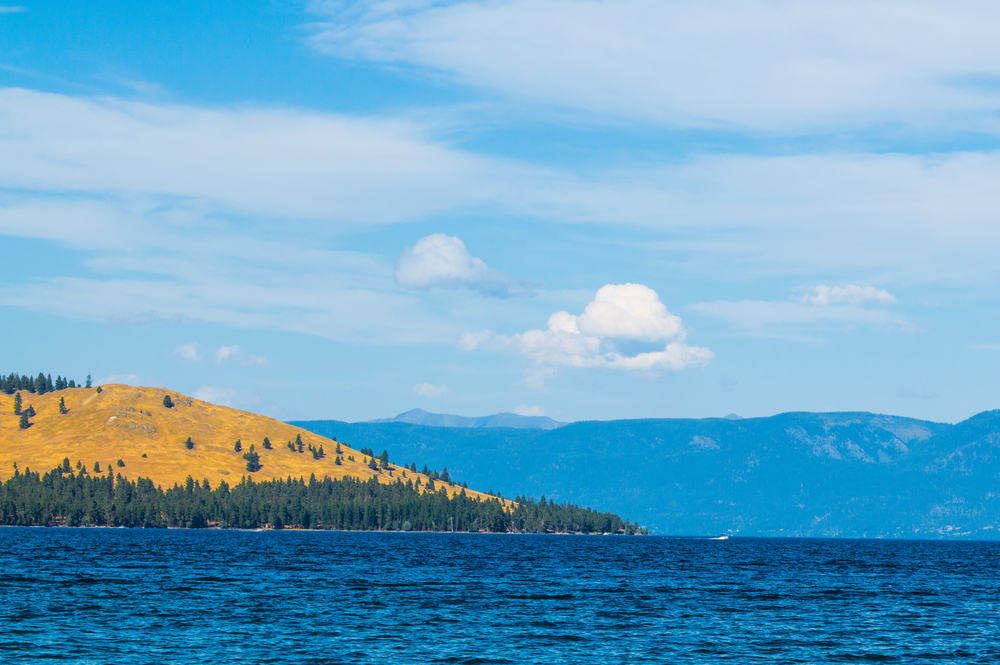 Montana's Flathead Lake and shoreline with Swan Range and Mission Range in distance. There is a mountain rising out of blue water with moutainas in the background. 