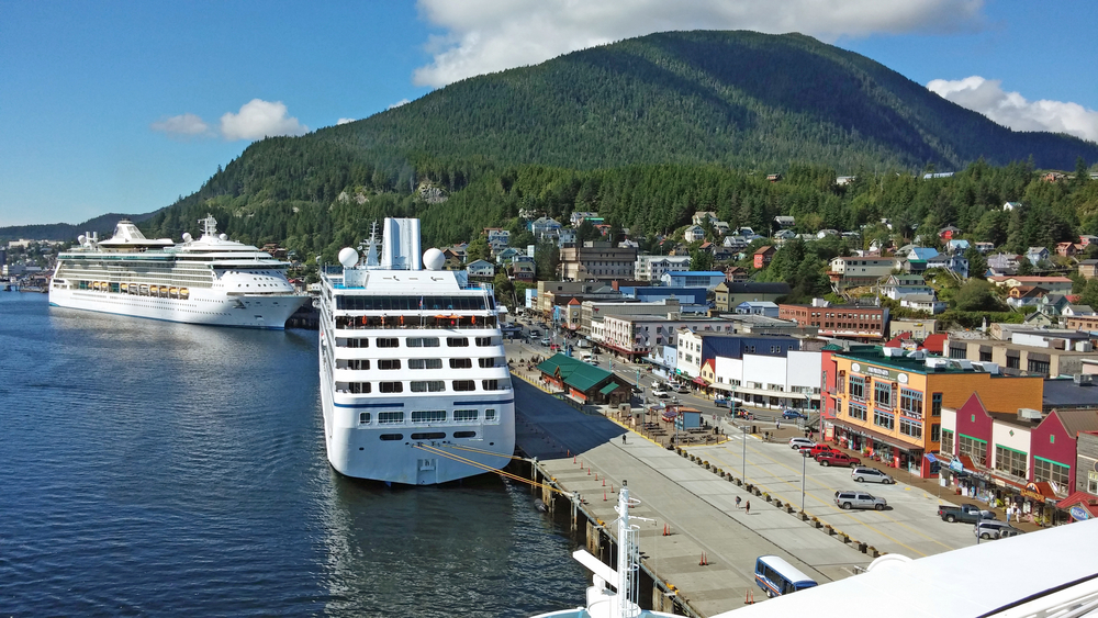 Aerial view of port in Ketchikan with two cruise ships.