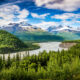 Overlooking green forest and river with mountains in the distance in Alaska in July.