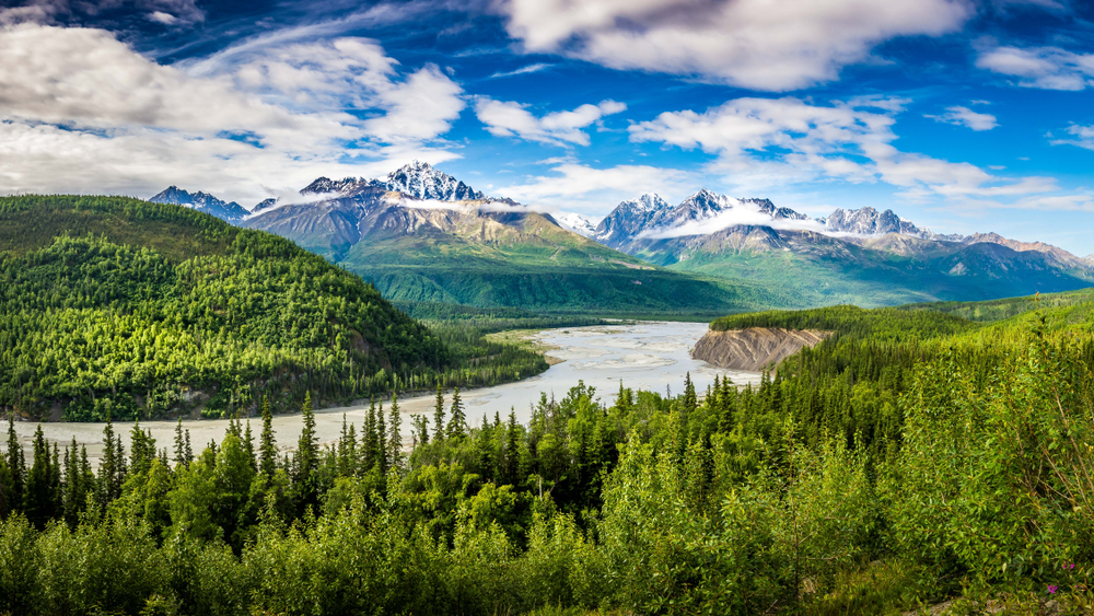 Overlooking forests and river with mountains in the distance in Alaska in July.