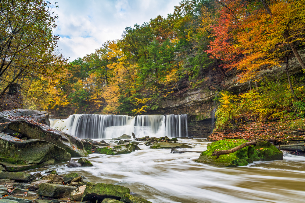 Low angle view of Great Falls of Tinkers Creek on a fall day.