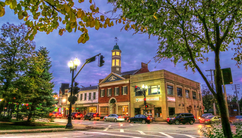 Dusk over downtown Chagrin Falls with historic buildings in one of the best small towns in Ohio.