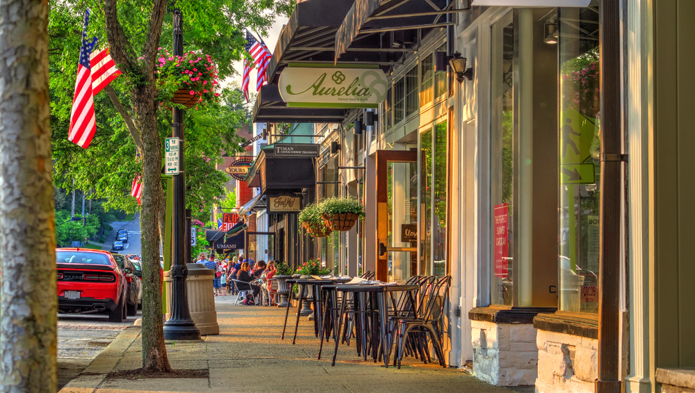 Golden hour light on local shops and restaurants in downtown Chagrin Falls, Ohio.