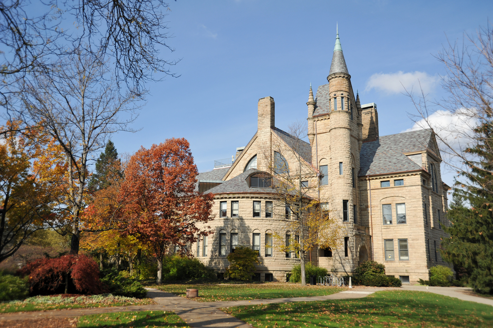 Beautiful, historic building at Oberlin College with fall foliage.