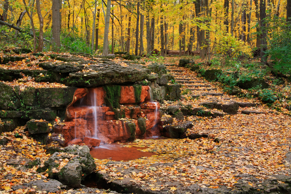 Small waterfall at Yellow Spring on a hiking trail in the woods during fall with many leaves on the ground.