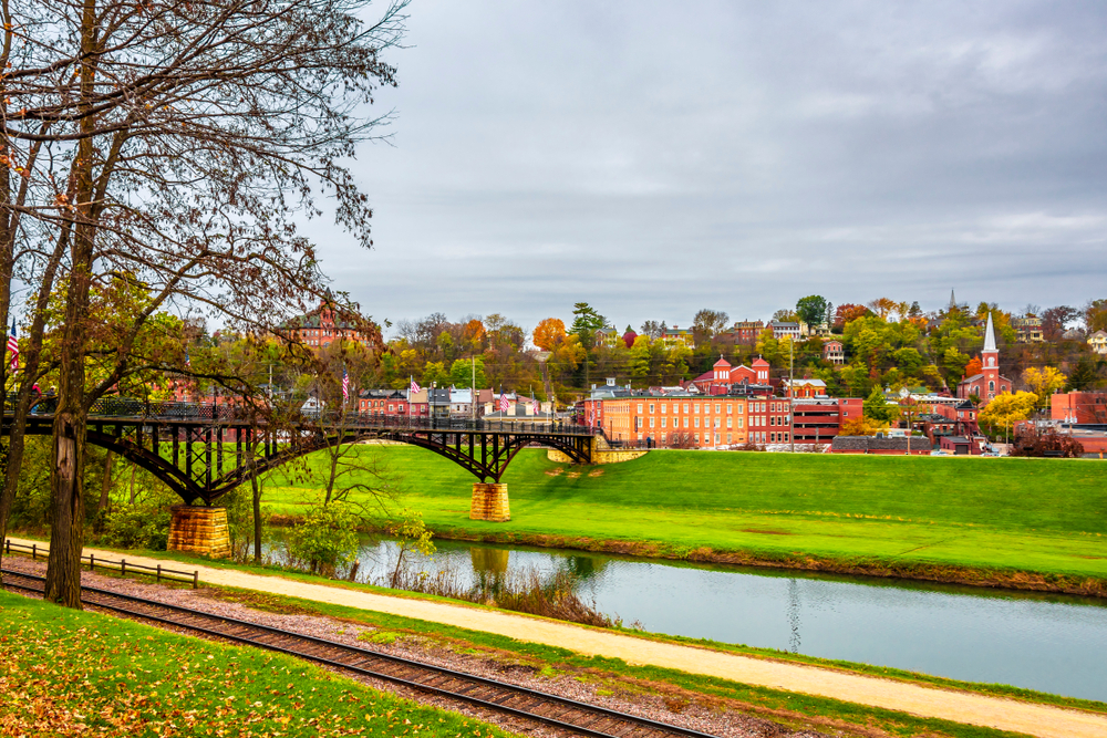 Historical Galena Town view at Autumn in Illinois. You can see a bridge and the town in the background. 