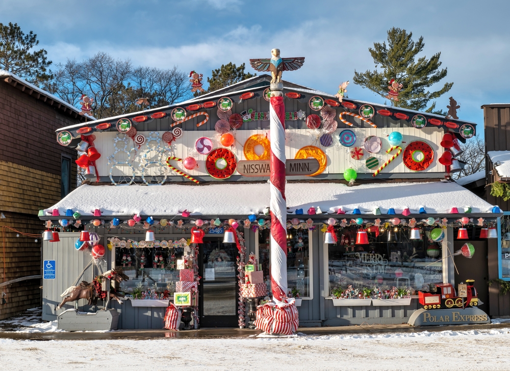 Store front decorated for Christmas holiday in winter in Minnesota. One of the romantic gataways in the Midwest. 