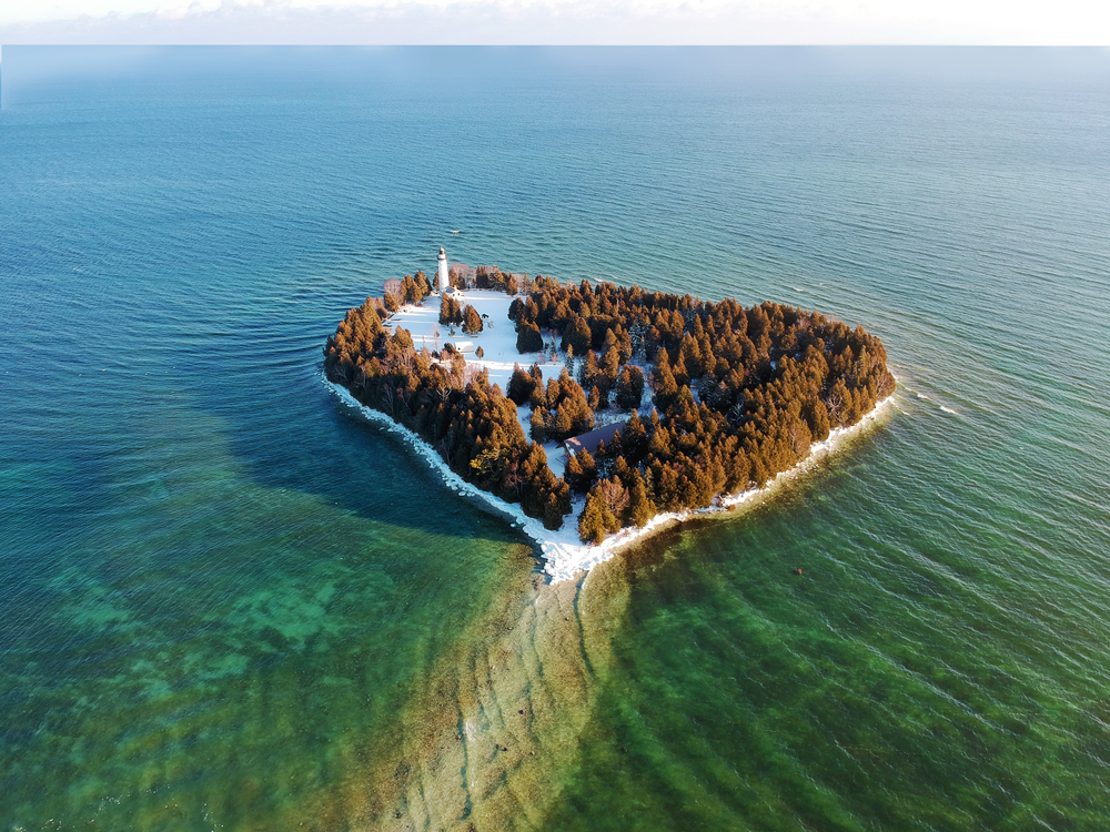 Cana Island in Door County Wisconsin in Winter. The island is heart shapped. romantic getaways in the Midwest