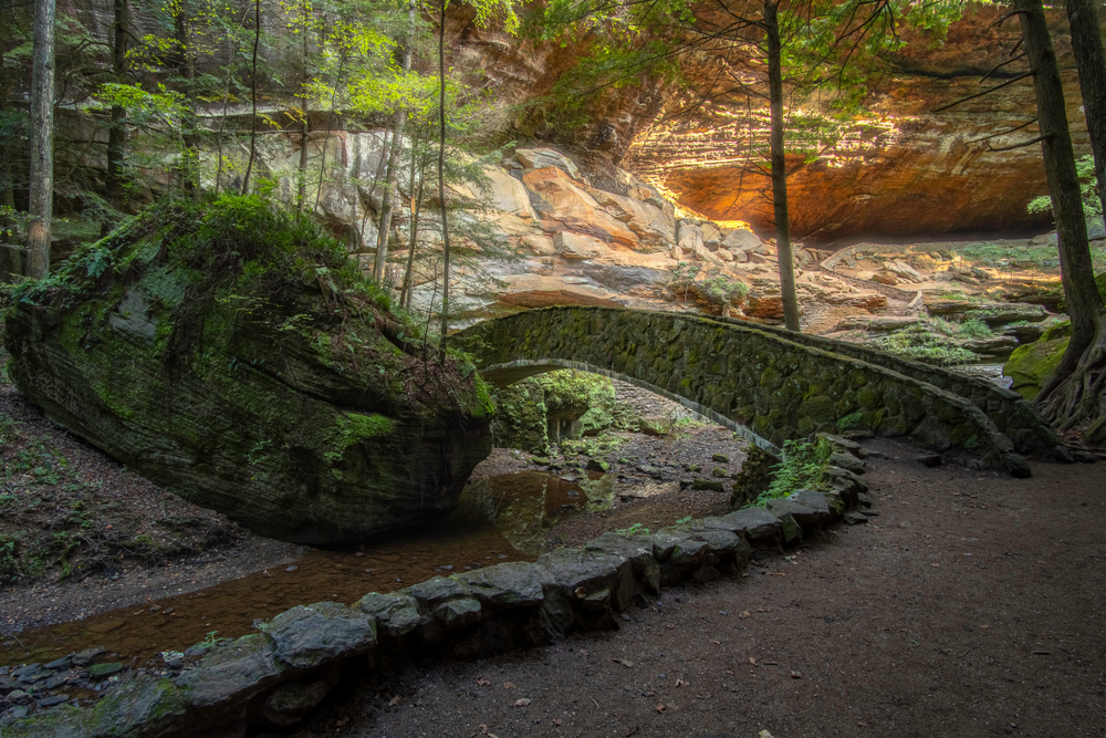 A scenic hiking trail in Hocking Hills State Park in Ohio