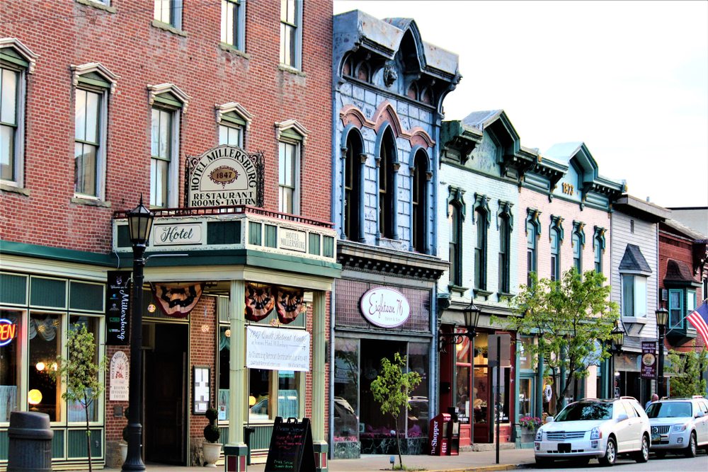 Vintage colorful store fronts in small town in Ohio