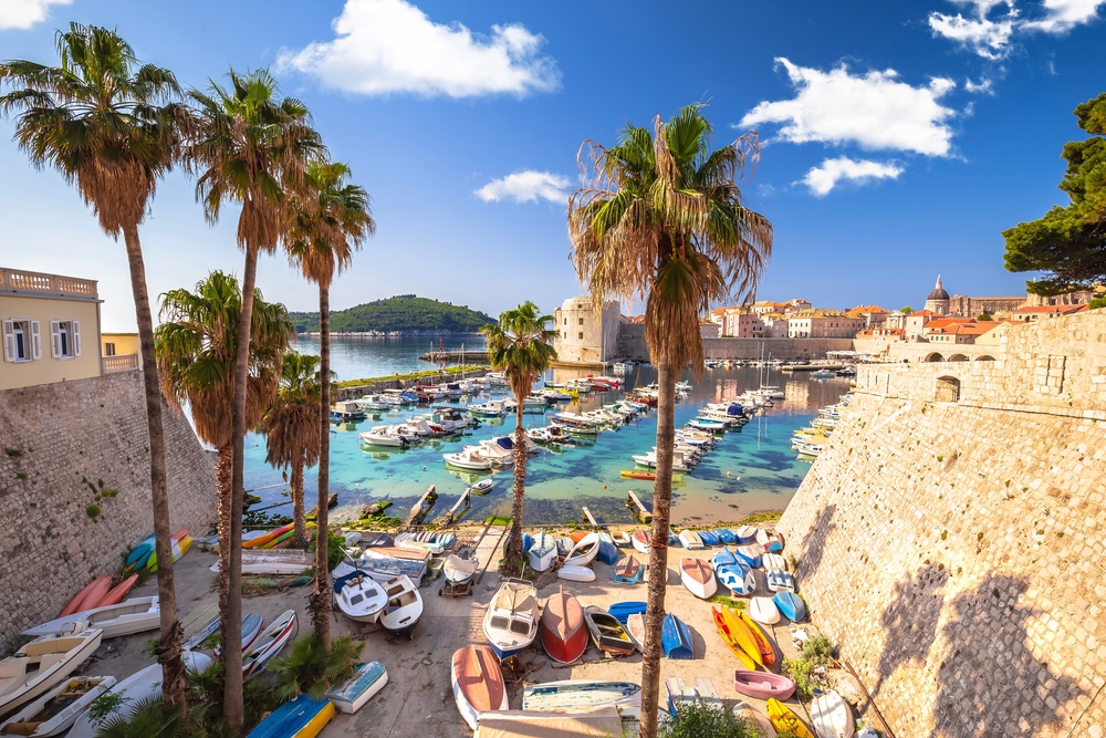 View of palm trees and boats at the harbor in Dubrovnik.