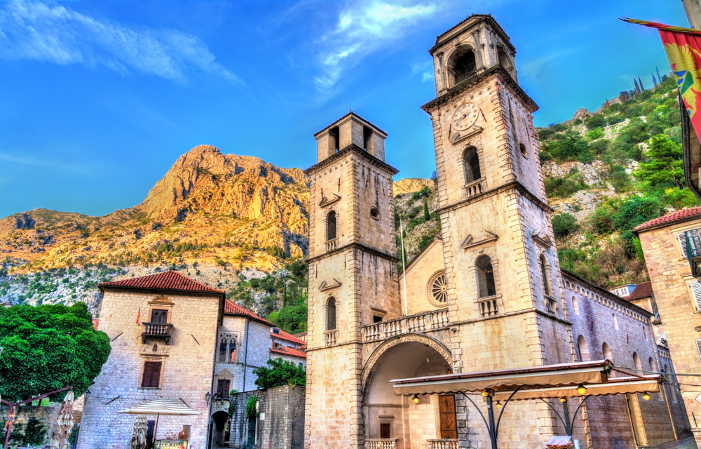 Beautiful Cathedral of Saint Tryphon in Kotor with two towers and a clock.