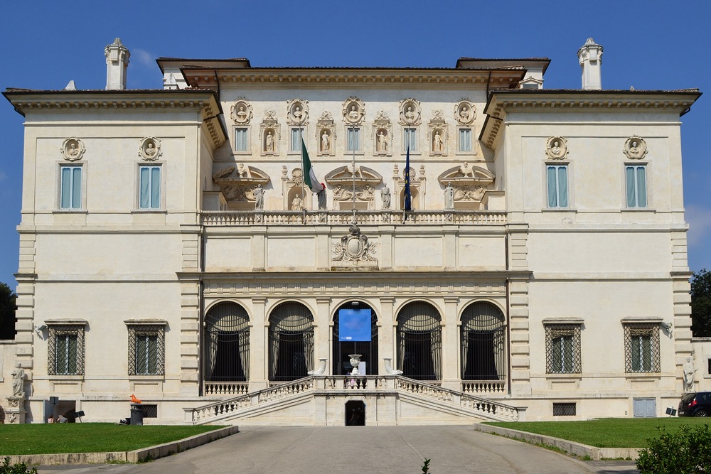 Exterior of the grand Villa Borghese on a sunny day.