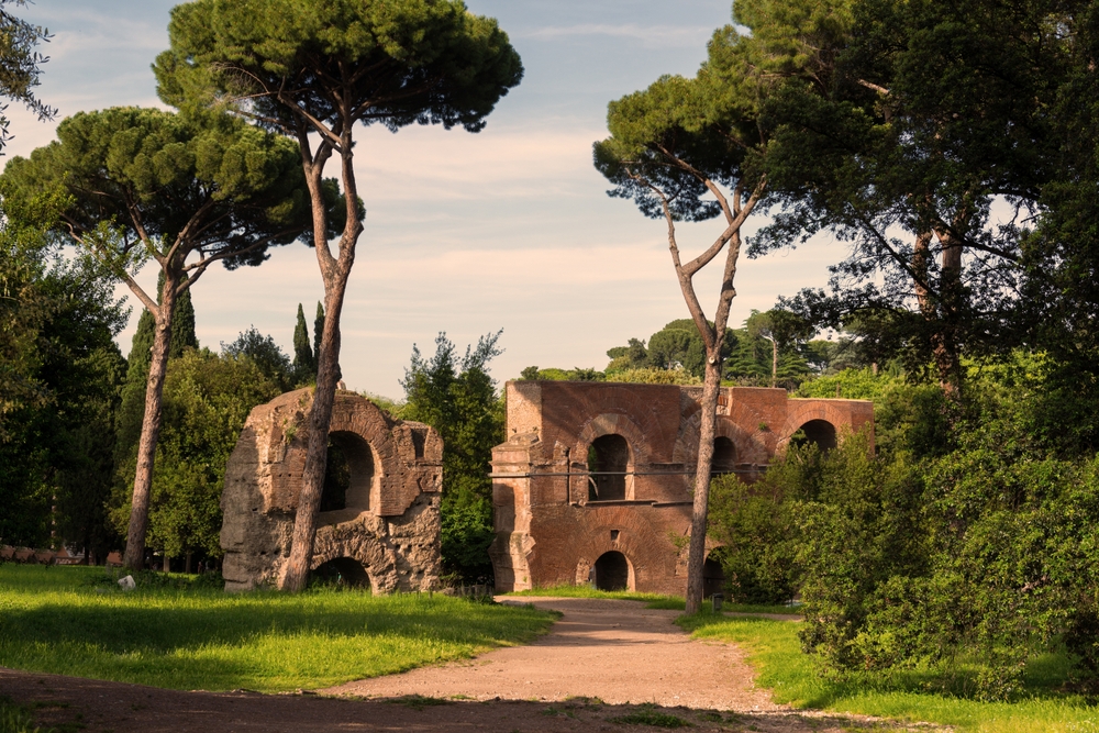 Old ruins surrounded by trees on Palatine Hill during Rome in a day.
