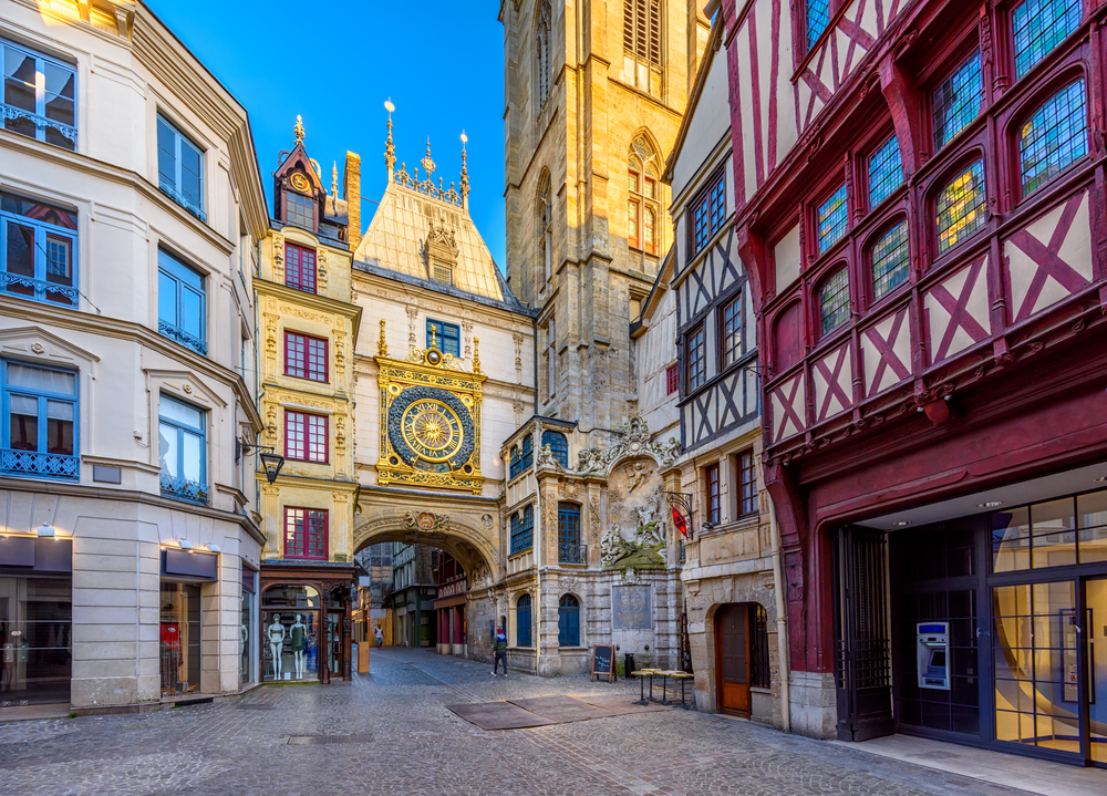 Architecture and landmarks of Rouen. Cozy cityscape of Rouen showing the The Gros-Horloge clock. 