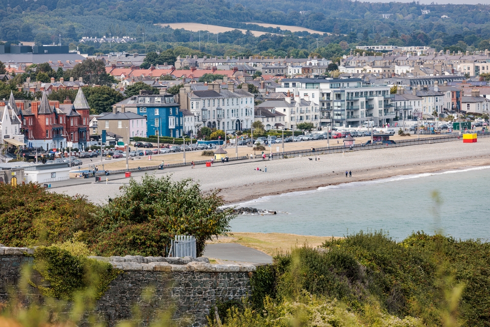 Panoramic shot of Bray Town, the promenade and the beach on a sunny summer day