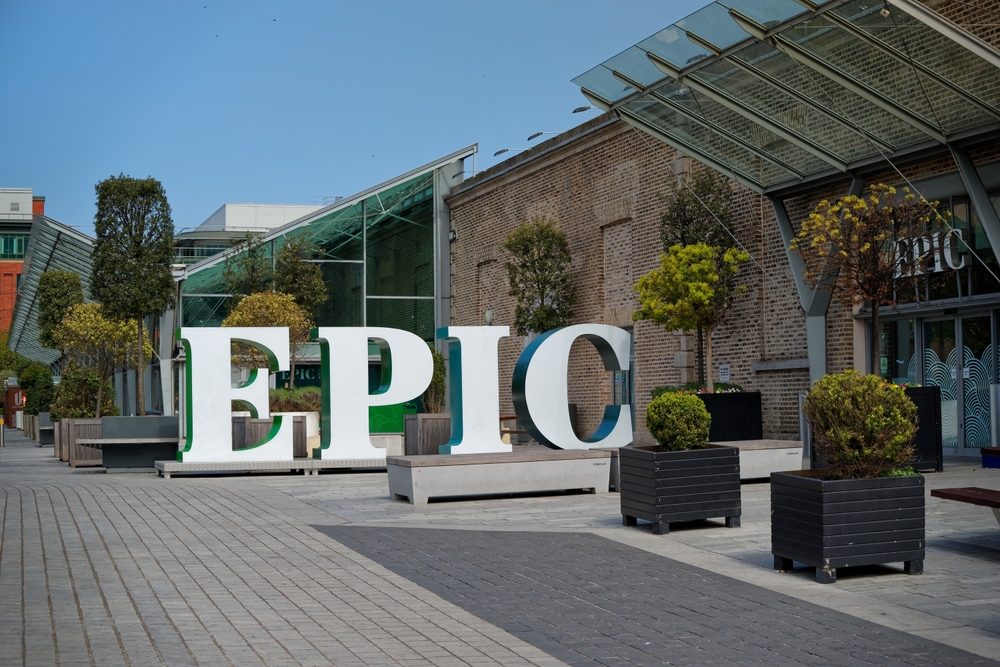 Logo with EPIC name at the entrance to interactive Irish Emigration Museum on Custom House Quay in Dublin. Freestanding huge white capital letters.