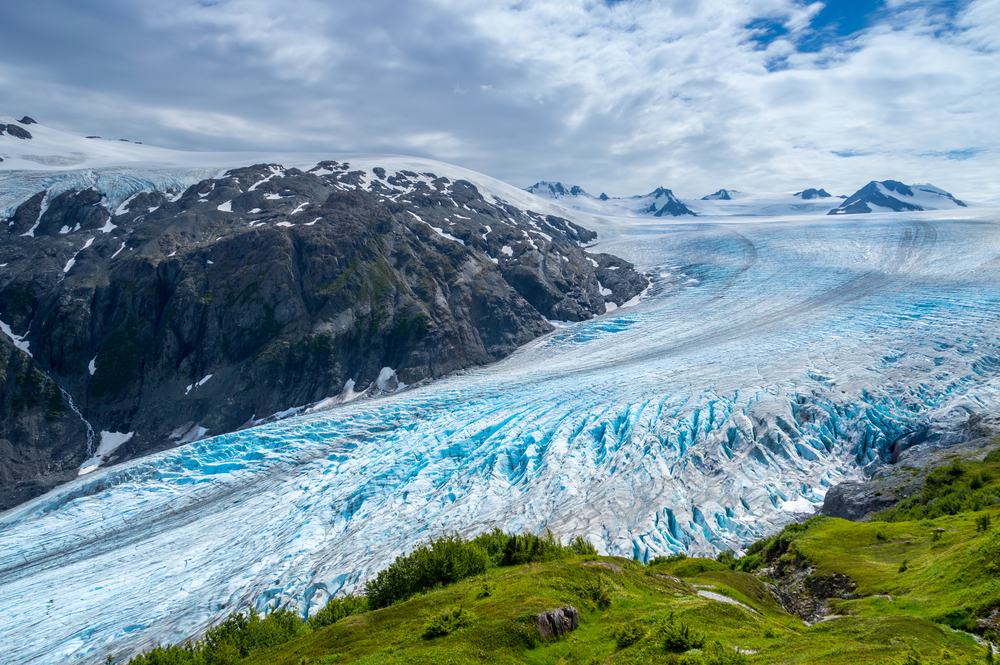 View of the bright, blue Exit Glacier in Alaska.