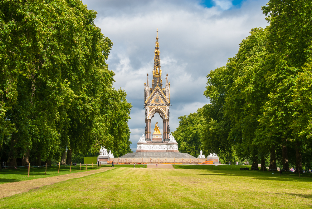 Beautiful Prince Albert Memorial on a green lawn among green trees in Kensington Gardens during 5 days in London.