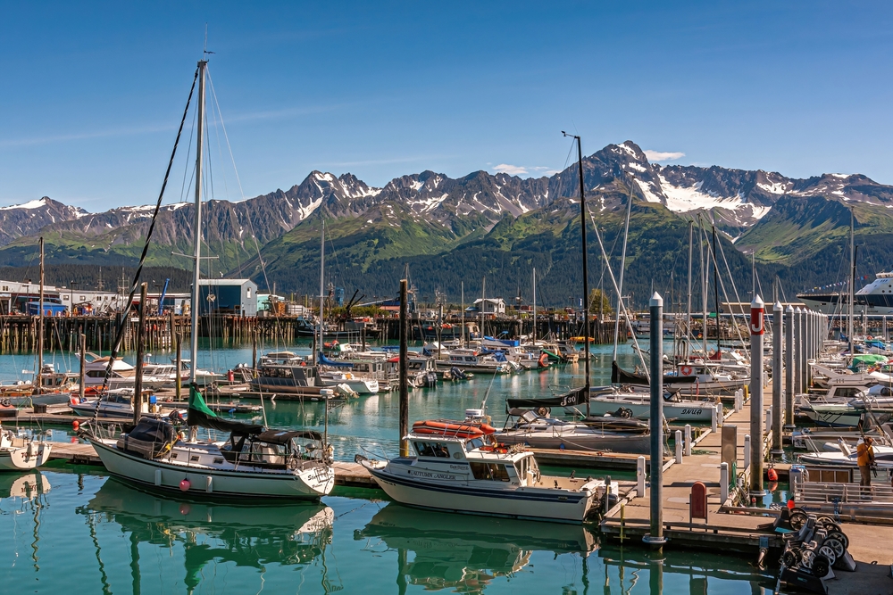 Small boat harbor with 2 piers and docking slots on greenish Resurrection Bay water. Mountain range with snow patches and forested green flanks in back. Article is about Seward Alaska. 