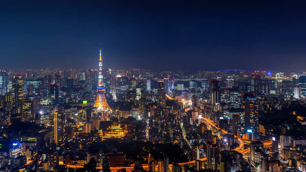 The Tokyo skyline all lit up at night