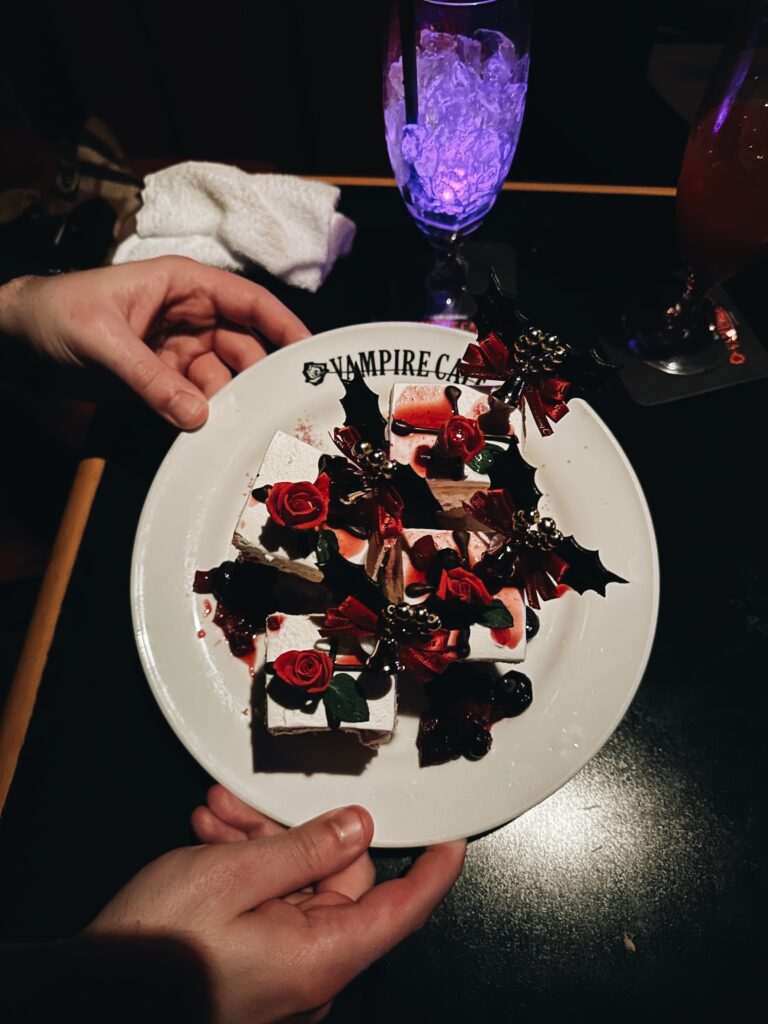 A white plate that says 'Vampire Cafe' with slices of chocolate cake with red roses and chocolate sauce on them unusual things to do in Tokyo