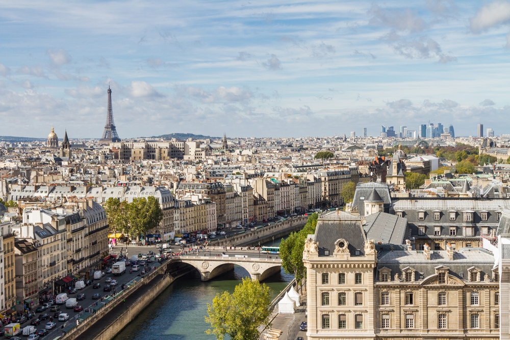 View looking over the city of Paris and the Seine River.