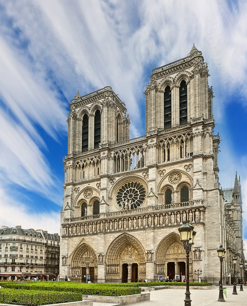 The front of the Gothis Notre Dame Cathedral during 5 days in Paris.
