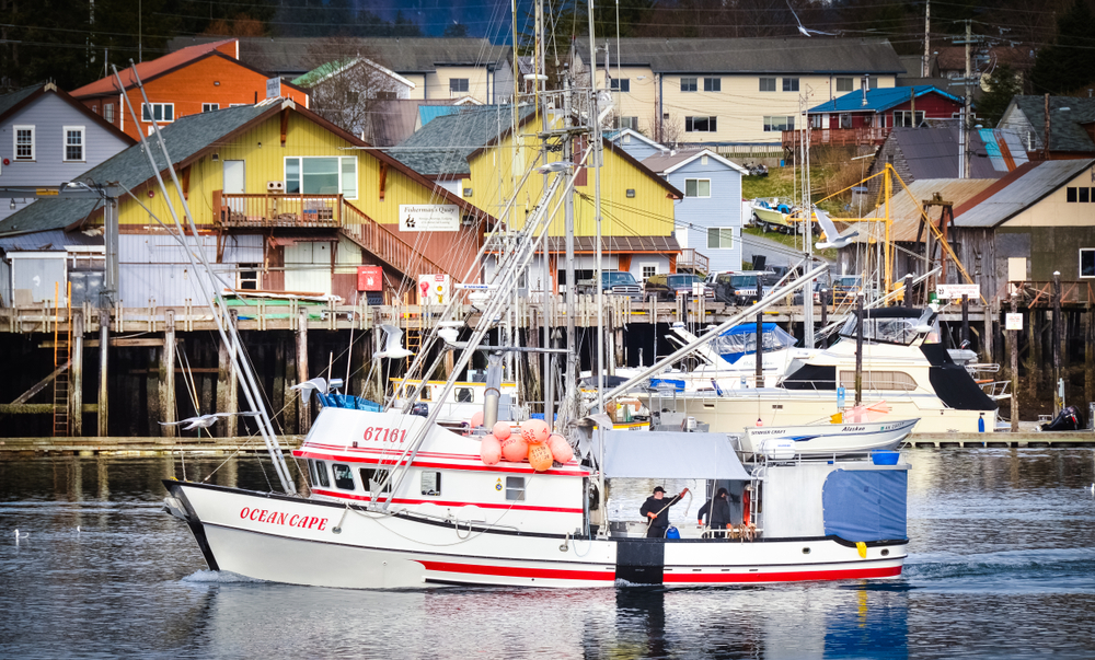  A Fisherman Aboard a Boat in Sitka Near Docks. You can see houses in the background. 