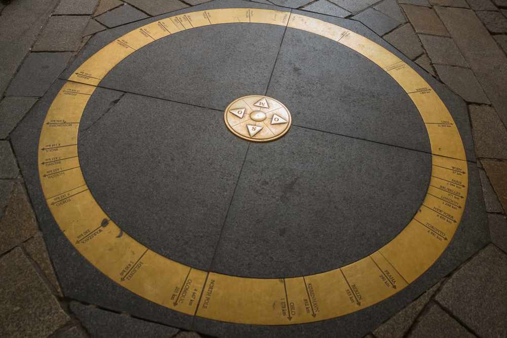 Brown tiles with gold circle and small  round gold circle in middle. Bratislava things to do