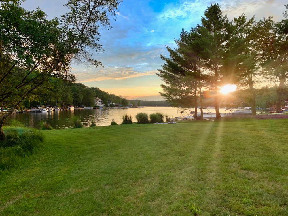 sunset over a lake near a park