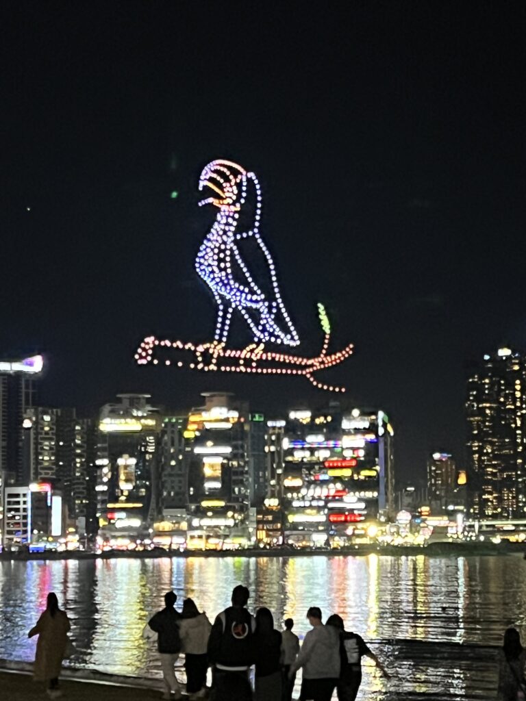 Night at Gwangalli Beach with colorful drones forming the picture of a bird on a branch.