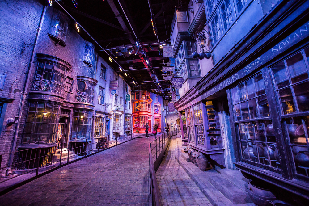 Scene of buildings from Harry Potter film in the Warner Brothers Studio tour. You can see buildings and a street. 
