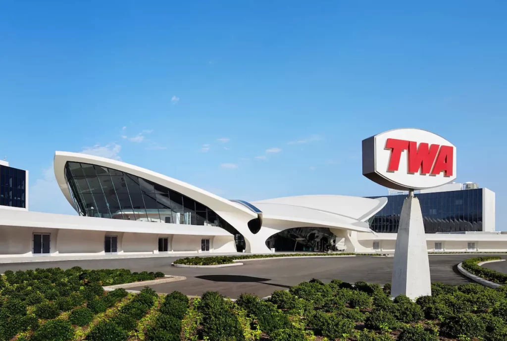 Outside of the TWA Hotel, FK. The hotel is the former  former TWA terminal and has an interesting shape. 