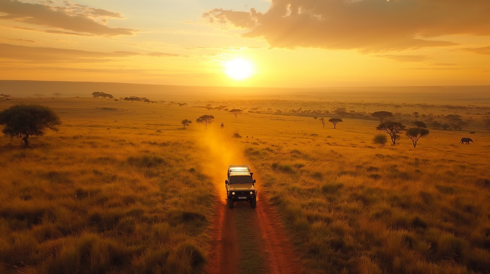 Safari Drive Through the Golden African Wilderness, Safari vehicle driving along a dusty road through the golden savannah at sunset, Kenya.