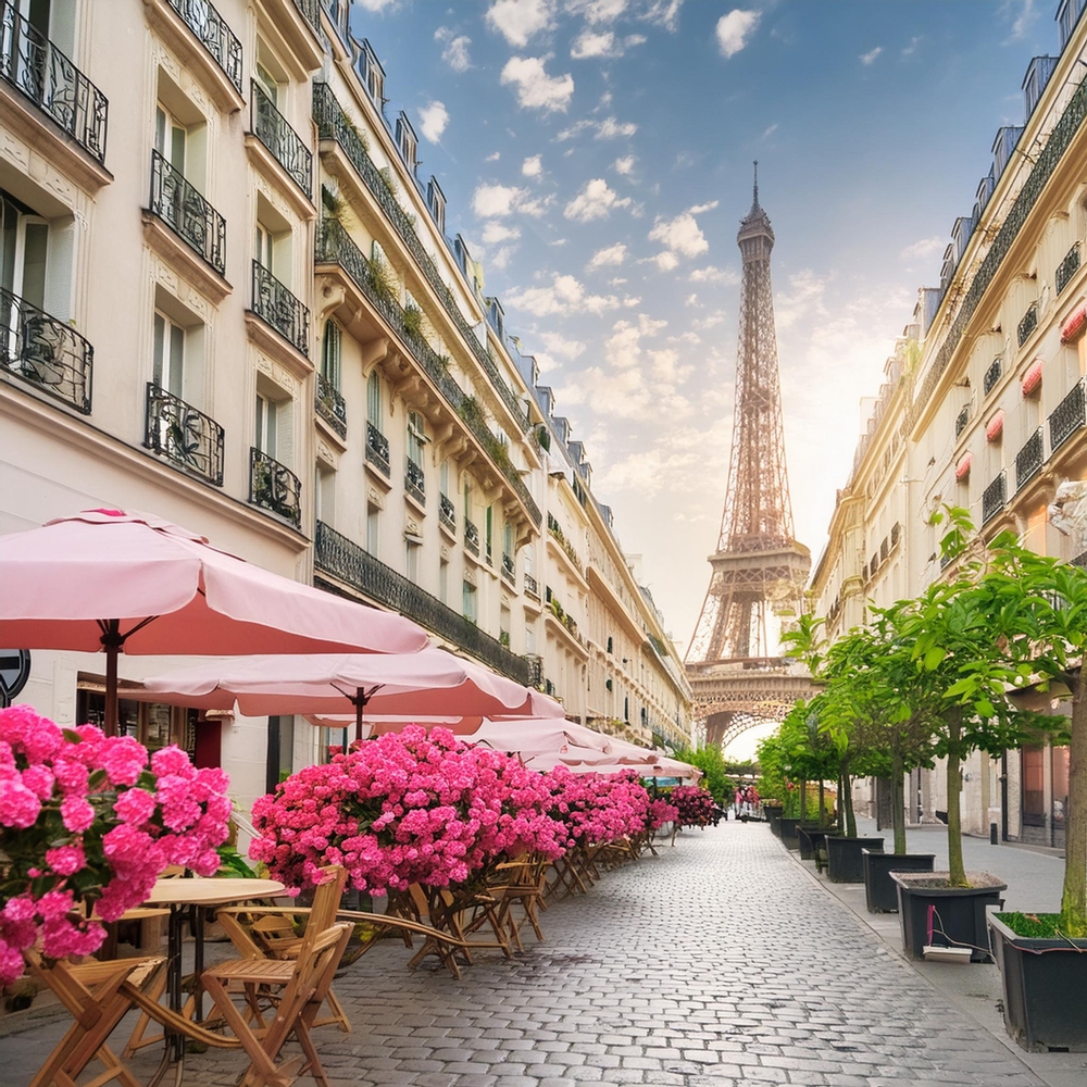 A charming street in Paris with cafes, flowers, and the Eiffel Tower in the background. 