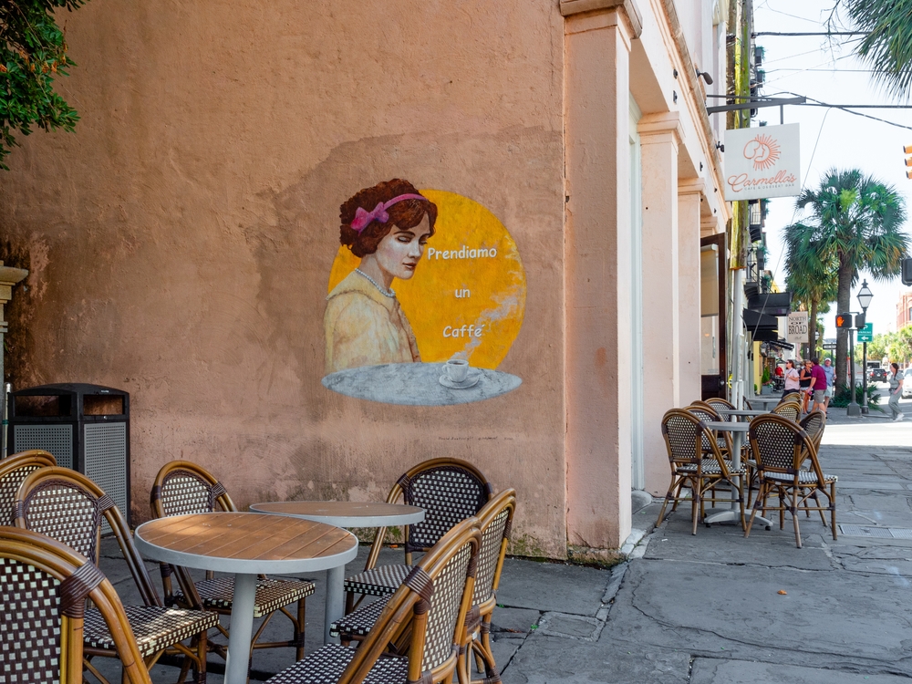 Street view of the mural at Carmella's Cafe and Dessert Bar in Charleston, SC