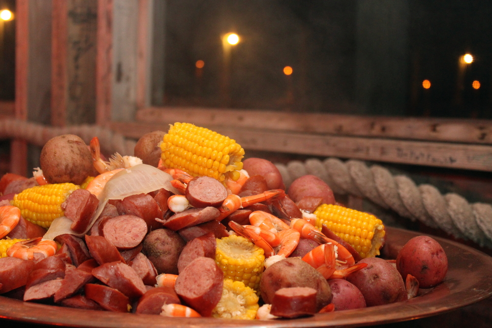 A southern country boil with shrimp corn and sausage. 