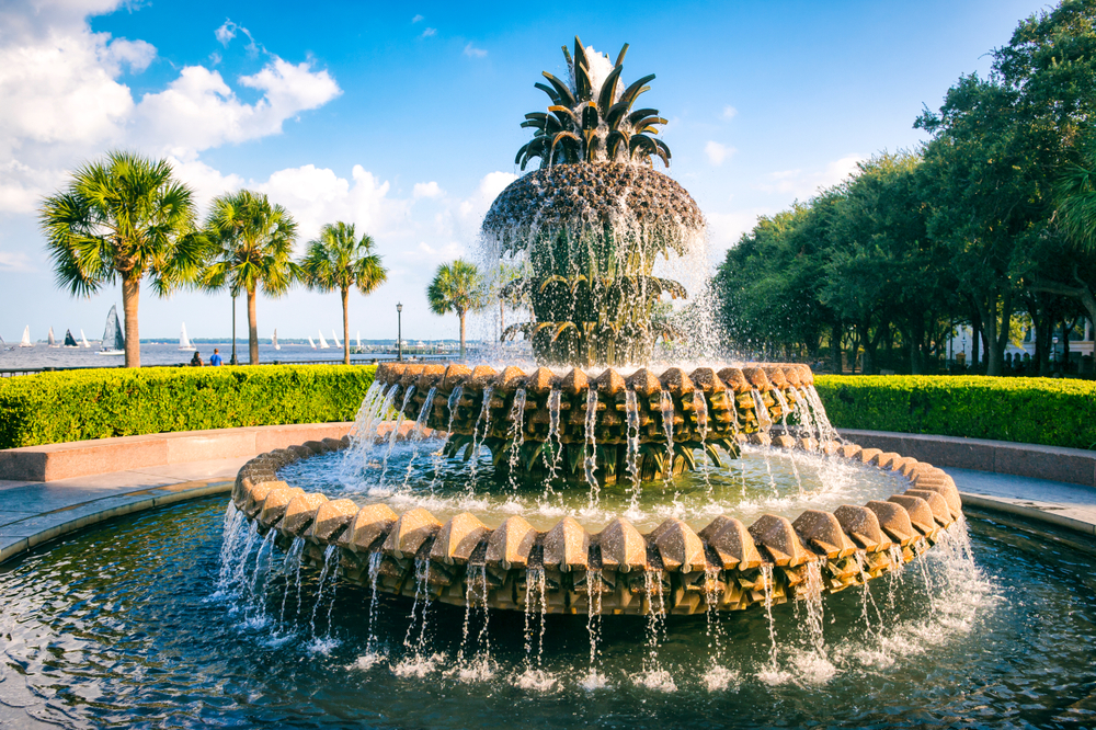 Bright scenic day with palmetto palm trees in Charleston, South Carolina. There is a large fountain in the foreground. 